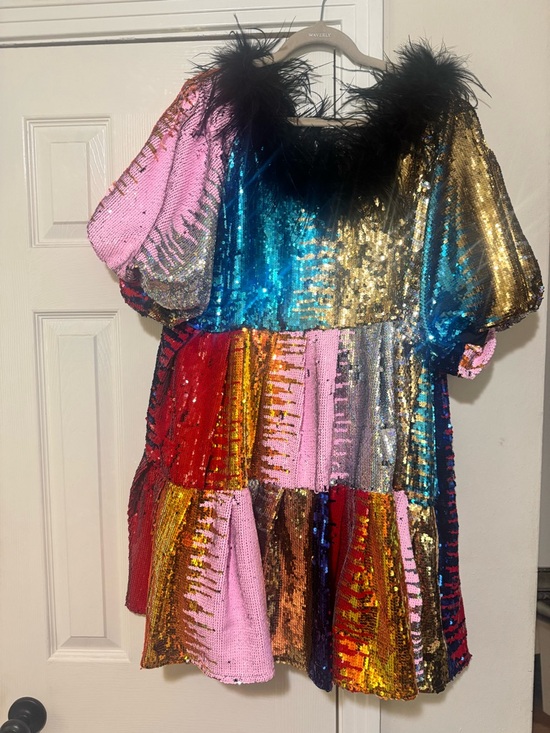 QUEEN OF SPARKLES Dresses & Skirts - QUEEN OF SPARKLES Multicolor Sequin Tiered Dress with Black Feather Trim
